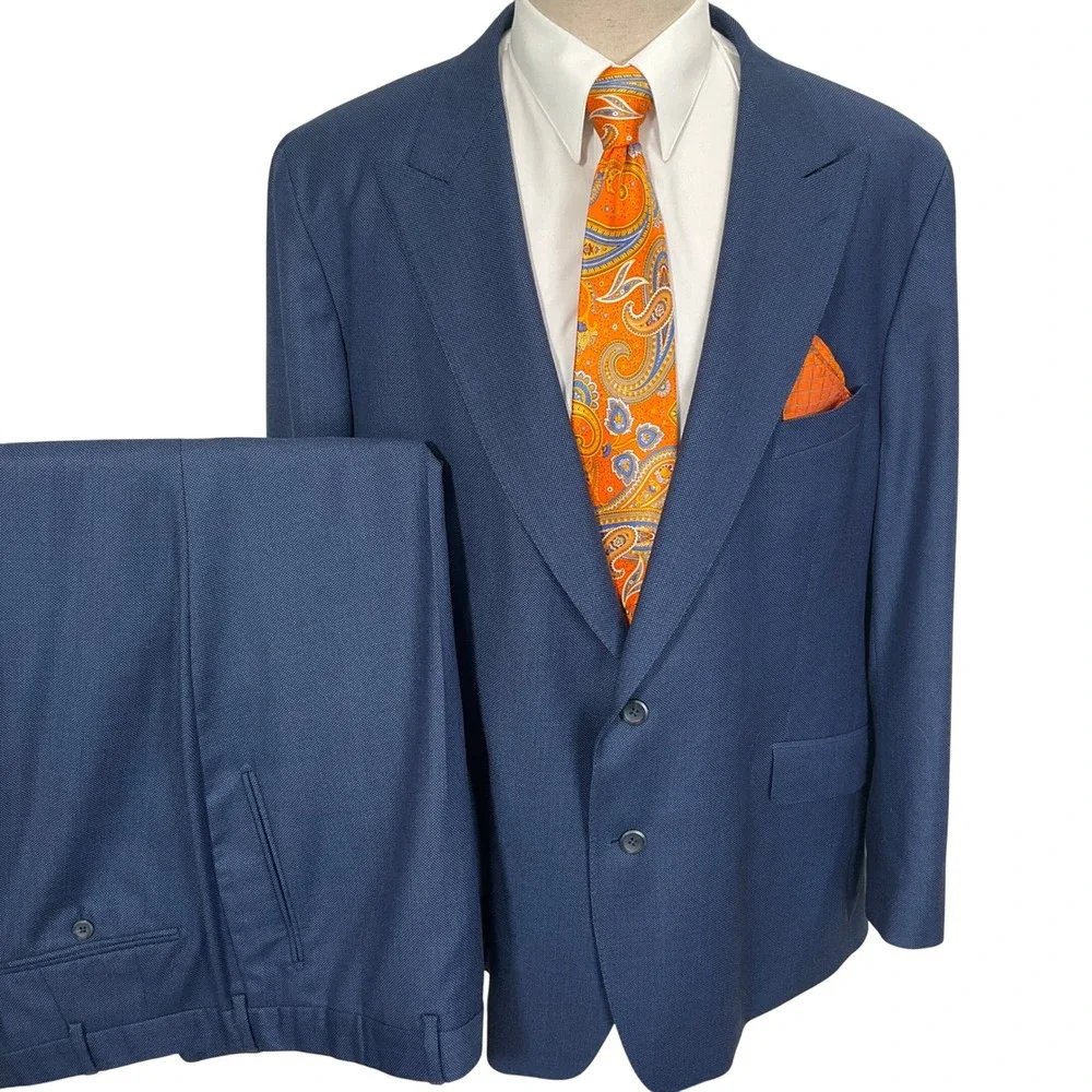 Bespoke Patriotic Suit Mens 52L Blue Birdseye American Flag Lined Holiday